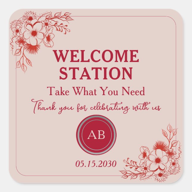 Pegatina Cuadrada Pink Red Floral Welcome Station (Anverso)