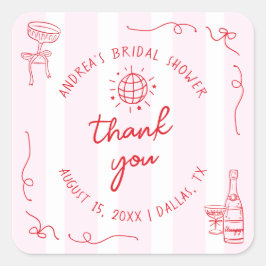 Pegatina Cuadrada Pink & Red Hand Drawn Bridal Shower Thank You