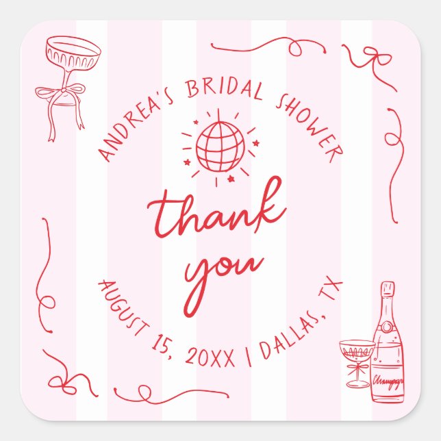 Pegatina Cuadrada Pink & Red Hand Drawn Bridal Shower Thank You (Anverso)