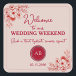 Pegatina Cuadrada Pink Red Wedding Weekend Welcome<br><div class="desc">Welcome your guests in style with this elegant pink and red Wedding Weekend welcome sticker, perfect for creating a beautifully organized refreshment or essentials station. Featuring delicate floral line art, a bold wedding-weekend header, and a personalized monogram, this label helps guide your guests to treats, hydration, and recovery items throughout...</div>