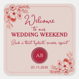 Pegatina Cuadrada Pink Red Wedding Weekend Welcome