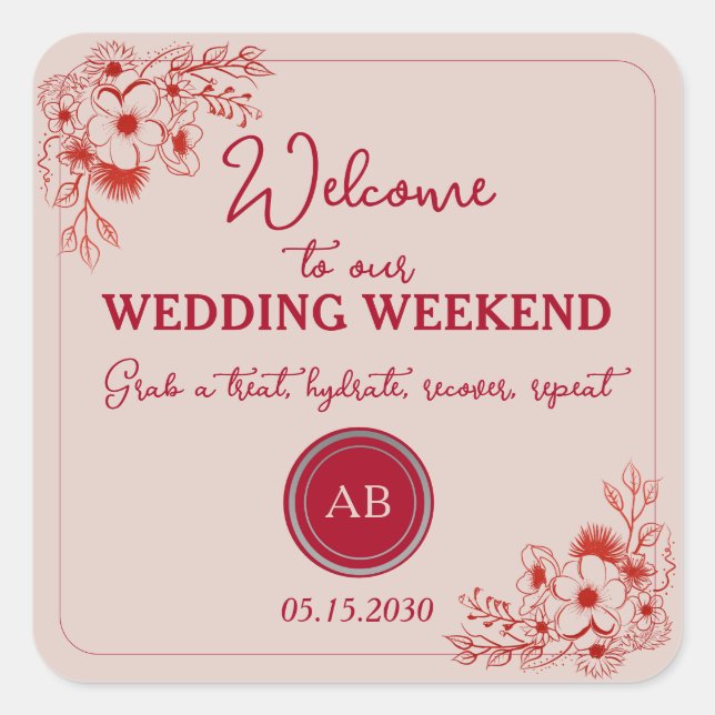 Pegatina Cuadrada Pink Red Wedding Weekend Welcome (Anverso)
