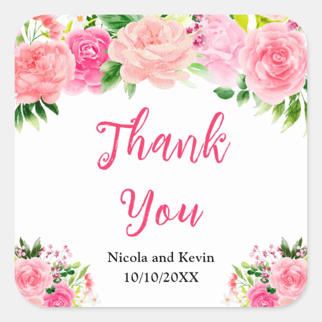 Pegatina Cuadrada Pink Roses with Foliage Wedding Thank You (Anverso)