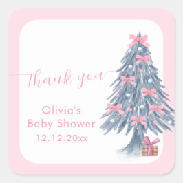 Pegatina Cuadrada Pink rustic Winter Bow Christmas Tree Baby Shower