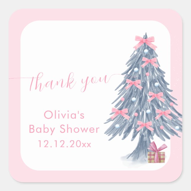Pegatina Cuadrada Pink rustic Winter Bow Christmas Tree Baby Shower  (Anverso)