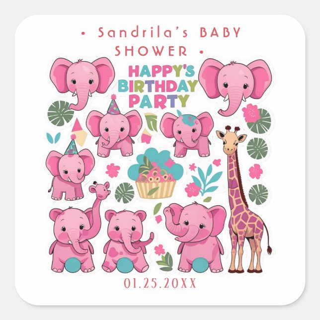 Pegatina Cuadrada Pink Safari Animals Theme Girl Birthday Party  (Anverso)