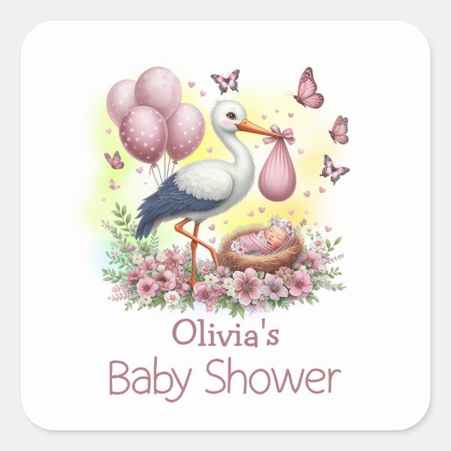Pegatina Cuadrada Pink Stork Baby Baby Shower (Anverso)