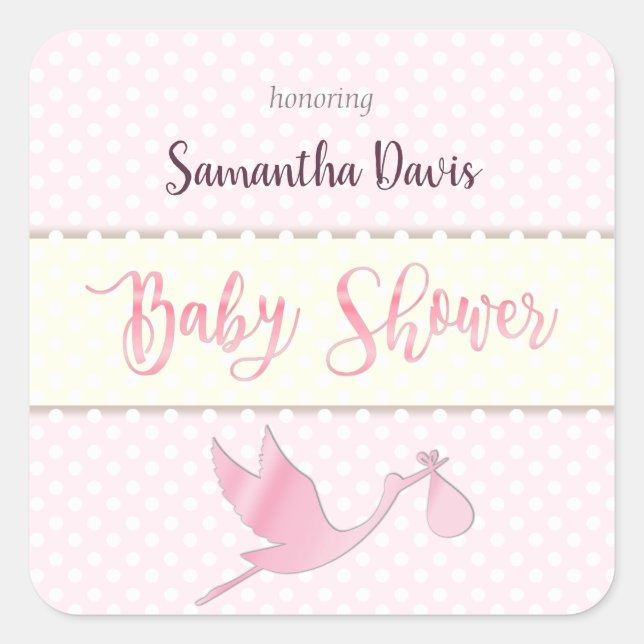 Pegatina Cuadrada Pink Stork Baby Baby Shower (Anverso)