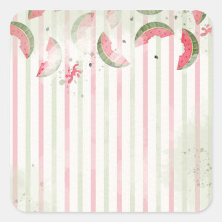 Pegatina Cuadrada Pink Striped Watermelon First Birthday Party Invit