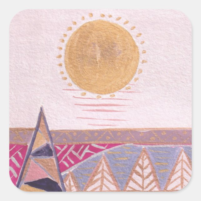 Pegatina Cuadrada Pink summer landscape, folkart, watercolor (Anverso)