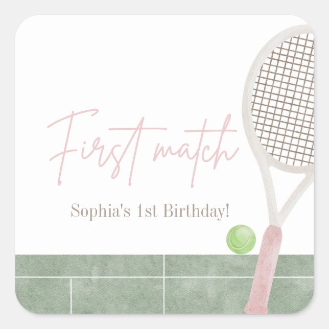 Pegatina Cuadrada Pink Tennis First Birthday Preppy Classic Party  (Anverso)