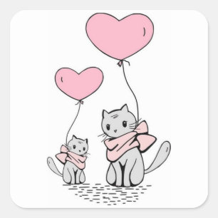 PEGATINA CUADRADA PINK VALENTINE HEART BALLOONES CON KITTENS GRIS