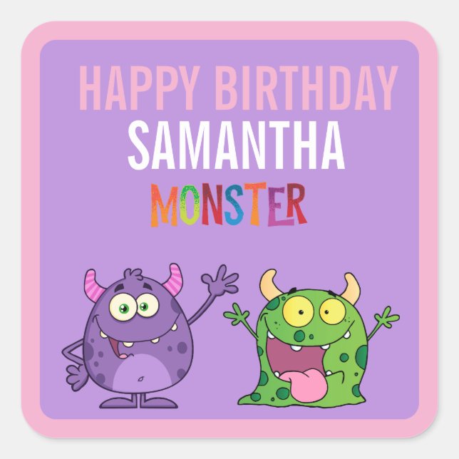 Pegatina Cuadrada Pink violet monster Fun kids  (Anverso)