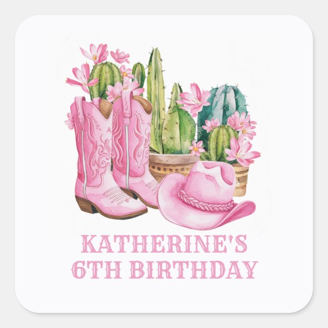 Pegatina Cuadrada Pink West Cowgirl Cactus Watercolor Cumpleaños (Anverso)