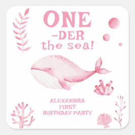 Pegatina Cuadrada Pink Whale Oneder The Sea 1st Birthday 