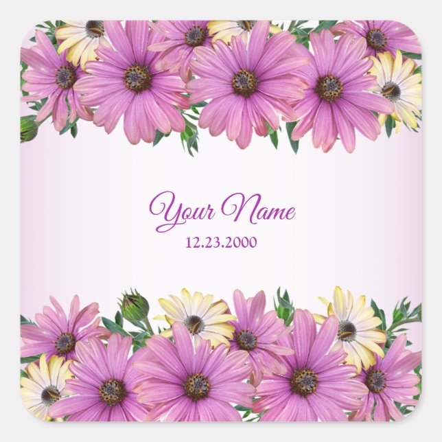 Pegatina Cuadrada Pink Yellow Floral Rustic Elegant Wedding Party (Anverso)