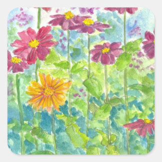 Pegatina Cuadrada Pink Zinnia Wildflower Watercolor Garden