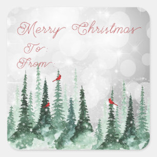 Pegatina Cuadrada Pino Árbol Bosque Cardinales Feliz Navidad