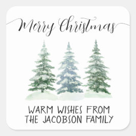 Pegatina Cuadrada Pinos Acuarela Sencillos Feliz Navidad