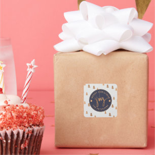 Pegatina Cuadrada Pinos dorados modernos Feliz Navidad personalizado