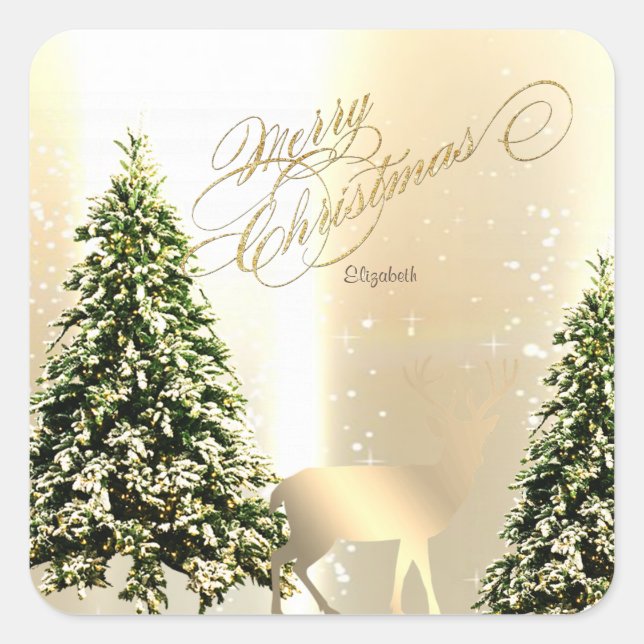 Pegatina Cuadrada Pinos Elegantes Y Elegantes, Renos Navidades (Anverso)