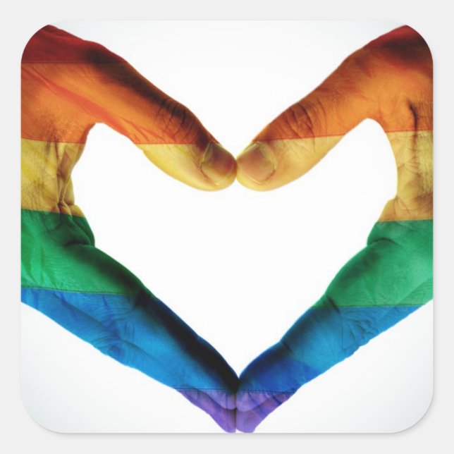 Pegatina Cuadrada Pintadas las manos como un corazón arco iris (Anverso)
