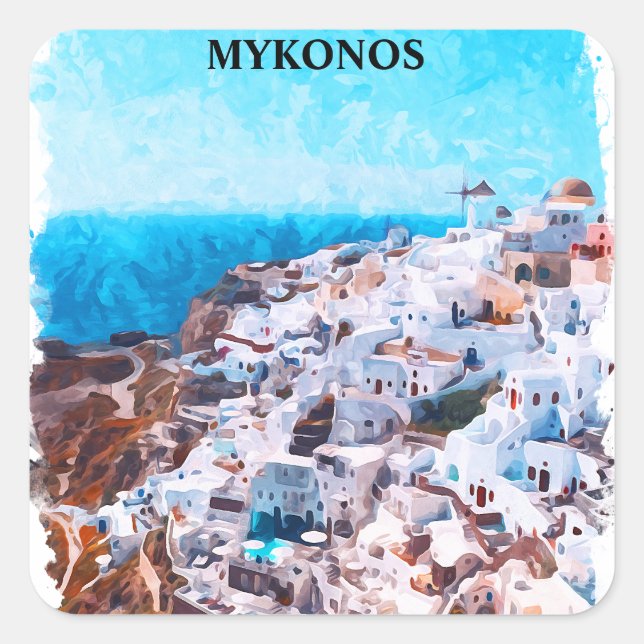 Pegatina Cuadrada Pintado de acuarela de Mykonos Grecia (Anverso)