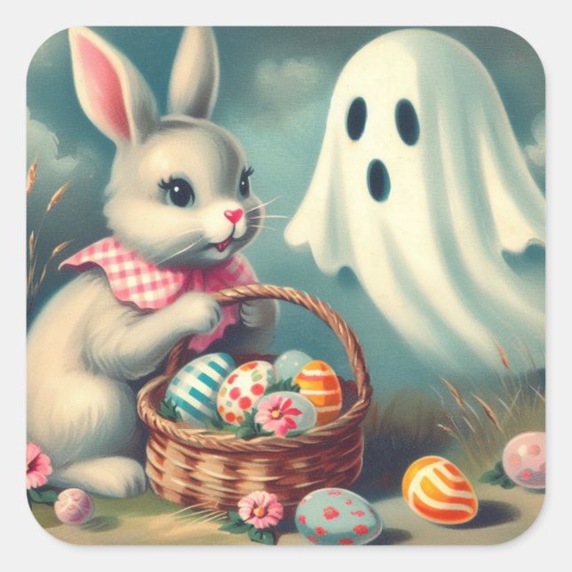 Pegatina Cuadrada Pintado de época ghost and Easter Bunny Kitsch (Anverso)
