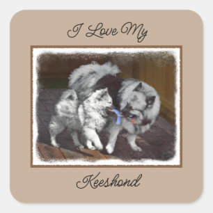 Pegatina Cuadrada Pintado Keeshond Playtime - Arte Perro Original.