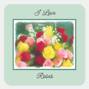 Pegatina Cuadrada Pintado Rose Bouquet - Arte de Flor Original.