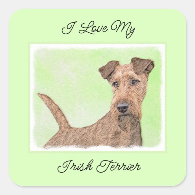 Pegatina Cuadrada Pintado Terrier Irlandés - Arte de Perro Original. (Anverso)