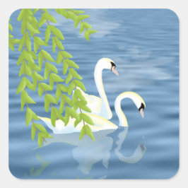 Pegatina Cuadrada Pintando la pareja azul y verde de cisnes en el la