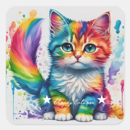 Pegatina Cuadrada Pintor de Gatito Arcoiris