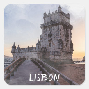 Pegatina Cuadrada Pintura acuarela de la torre Belem al atardecer