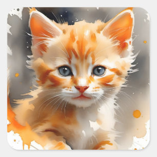 Pegatina Cuadrada Pintura acuarela de un lindo gato naranja