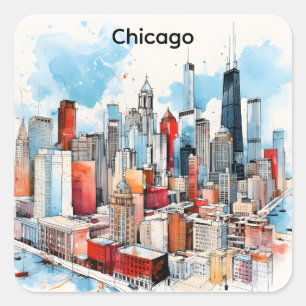 Pegatina Cuadrada Pintura al Acuarela del Paisaje Urbano de Chicago