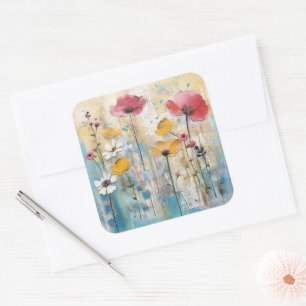 Pegatina Cuadrada Pintura al óleo con impasto de amapolas pastel