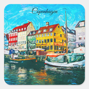 Pegatina Cuadrada Pintura al óleo de Copenhague del paseo marítimo d