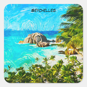 Pegatina Cuadrada Pintura al óleo tropical de Seychelles – Isla vibr