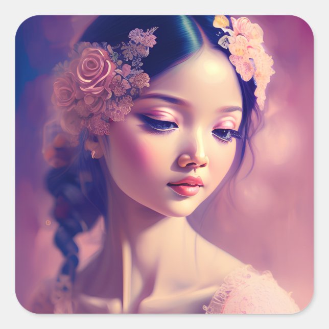 Pegatina Cuadrada Pintura clásica de un Chica asiático (Anverso)