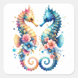 Pegatina Cuadrada Pintura costera rosa, azul y dorada de caballito d