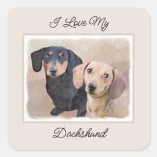 Pegatina Cuadrada Pintura Dachshund (suave) - Arte Perro Original