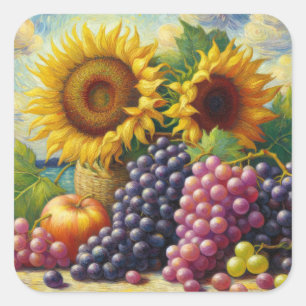 Pegatina Cuadrada Pintura de aceite de uvas y girasoles