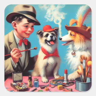 Pegatina Cuadrada Pintura de aceite retro Perros felices