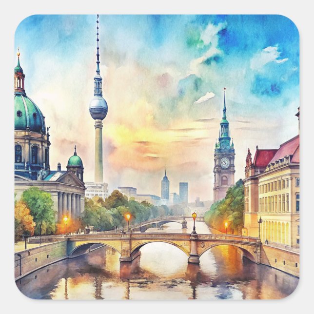 Pegatina Cuadrada Pintura de acuarela de Berlín (Anverso)