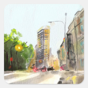 Pegatina Cuadrada Pintura de acuarela de paisajes urbanos