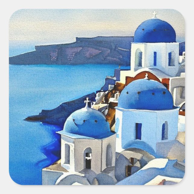Pegatina Cuadrada Pintura de acuarela de Santorini Grecia (Anverso)
