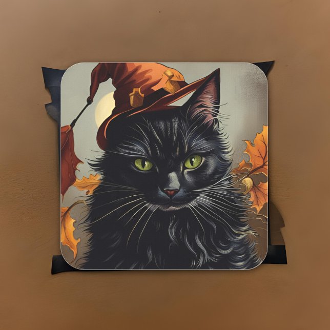 Pegatina Cuadrada Pintura de brujería de Halloween para gato negro e (Black Cat Halloween Vintage Witchy Painting Spooky Square Sticker)