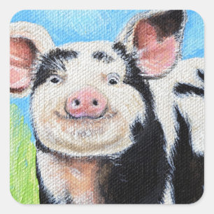 Pegatina Cuadrada Pintura de cerdito feliz