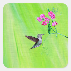Pegatina Cuadrada Pintura de Colibrí y Guisantes Dulces